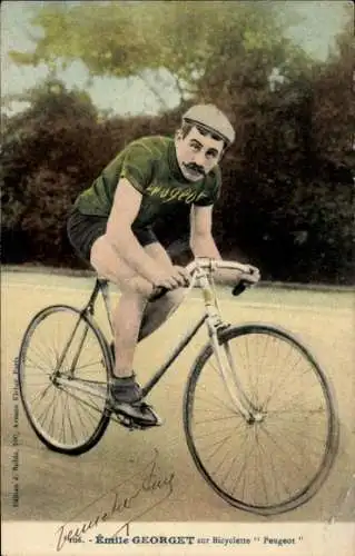 CPA Radrennfahrer Emile Georget, sur bicyclette Peugeot