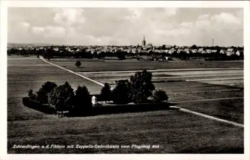 Ak Echterdingen auf den Fildern, Fliegeraufnahme, Zeppelin-Gedenkstätte