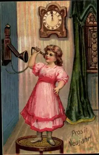 Ak Glückwunsch Neujahr, Mädchen beim Telefonieren, Telefon, Uhr
