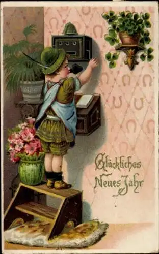 Präge Ak Glückwunsch Neujahr, Junge beim Telefonieren, Telefon, Glücksklee