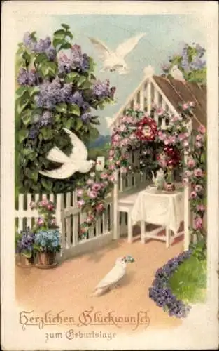 Ak Glückwunsch Geburtstag, Tauben, Blumen, Post
