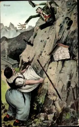 Ak Gruß aus dem Riesengebirge, Wanderer beim Absturz, Frau hält Schürze auf