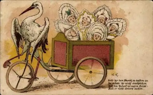 Künstler Litho Storch fährt Rad, Kinder, Babys