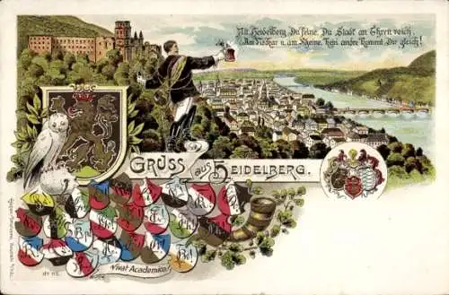 Studentika Litho Heidelberg am Neckar, Gesamtansicht, Student, Wappen