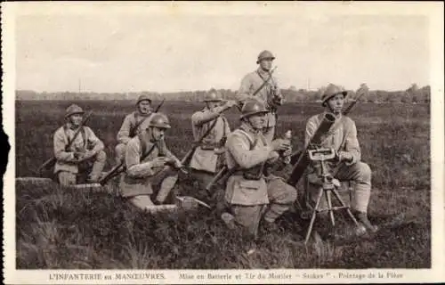 CPA Infanterie en Manoeuvres, Mise en Batterie, Pointage de la Piece