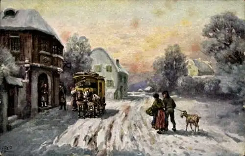 Künstler Ak Postkutsche vor einem Gasthaus, Bauern mit Ziege