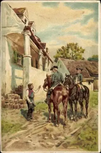 Künstler Litho Männer in Uniformen zu Pferden, Bauer, Bauernhof