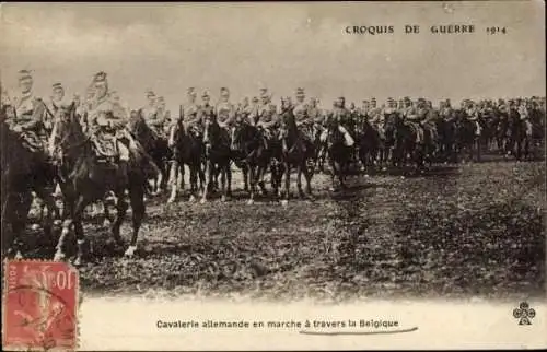 CPA Croquis de Guerre 1914, Cavalerie allemande en marche a travers la Belgique