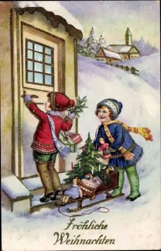Glitzer Ak Weihnachten, Kinder, Schlitten
