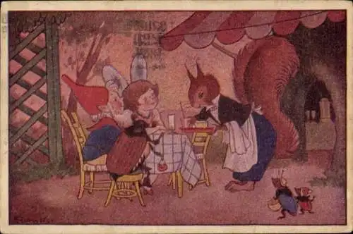 Künstler Ak Restaurant, Maikäfer, Fee, Zwerg, Eichhörnchen als Kellner
