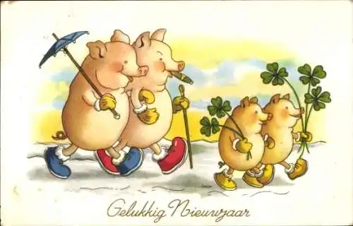 Ak Glückwunsch Neujahr, Vermenschlichte Schweine, Glücksklee