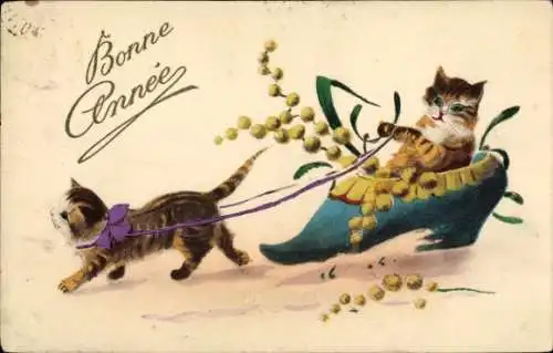 Ak Glückwunsch Neujahr, Schuh, Katzen, Blumen