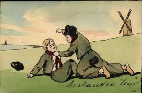 Ak Straßburg Elsass Bas Rhin, Zwei Jungen kämpfen auf einer Wiese, im Hintergrund eine Windmühle.