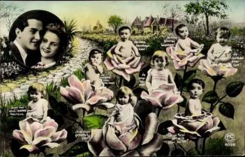 Ak Geburt, Glückliche Eltern, Babys in Blumen