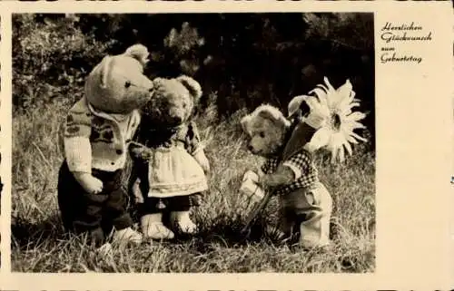 Ak Glückwunsch Geburtstag, Teddys, Blume