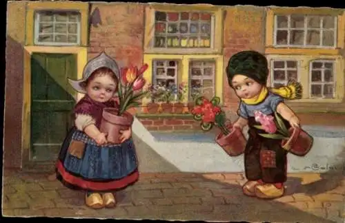 Künstler Ak Kinder in Niederländischen Trachten, Tulpen