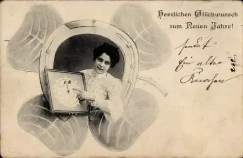 Ak Glückwunsch Neujahr, Hufeisen, Uhr