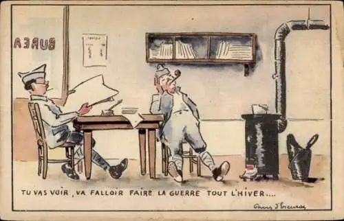 Künstler Ak Französische Soldaten, Büro, Humor