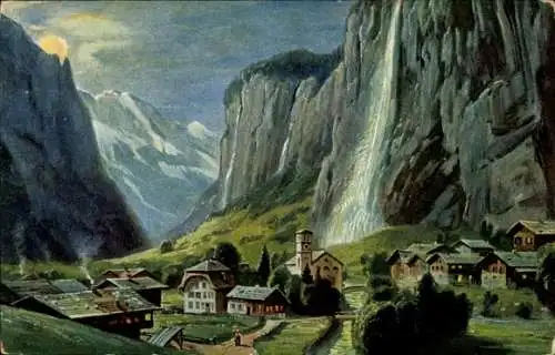 Ak Lauterbrunnen Kanton Bern, Staubbach, Lauterbrunnen mit Staubbachfall (Schweiz)