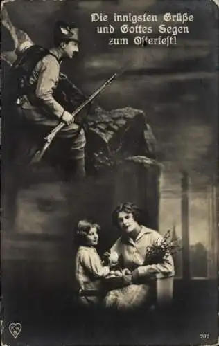 Ak Wolfsberg in Kärnten, Soldat mit Gewehr, Frau mit Kind, Ostergruß
