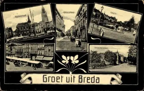 Ak Breda Nordbrabant Niederlande,  Postkantoor, Brugstraat, Groote Markt, Academiesingel, Hafen