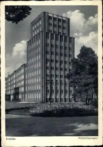 Ak Wrocław Breslau Schlesien, Hochhaus, Postscheckamt, historische Architektur, Bäume, Wolken