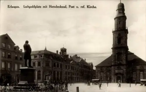 Ak Erlangen in Mittelfranken Bayern, Luitpoldplatz, Herzdenkmal, Kirche, historische Architektur