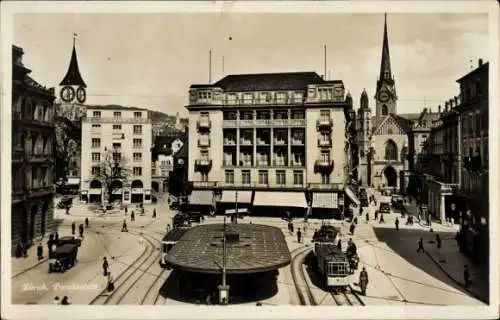Ak Zürich Stadt Schweiz, Paradeplatz, Straßenbahn