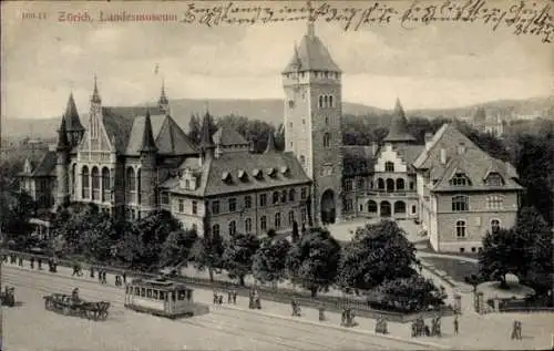 Ak Zürich Stadt Schweiz, Landesmuseum, historische Architektur, Straßenbahn, Menschen