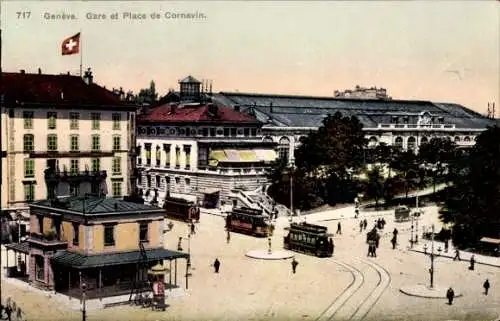 Ak Genf Stadt Schweiz, Gare et Place de Cornavin, Stadtansicht, historische Straßenbahn, Schwe...