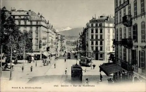 Ak Genève Genf Stadt, Rue du Montblanc, Hôtel Suisse, Schweizerhof, Hôtel des Voyageurs
