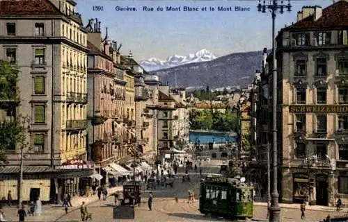 Ak Genève Genf Schweiz, Stadtansicht, Rue du Mont Blanc, Mont Blanc im Hintergrund, Trambahn