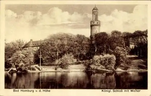 Ak Bad Homburg vor der Höhe Hessen, Schloss, Weiher, Bäume, historische Architektur