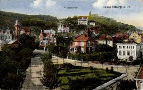 Ak Blankenburg am Harz, Villenpartie, Wohnviertel, Straßengabelung