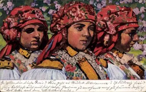 Ak Innsbruck Tirol, Patscherkofel, Drei Frauen in traditioneller Tracht, bunte Kopftücher, Nat...