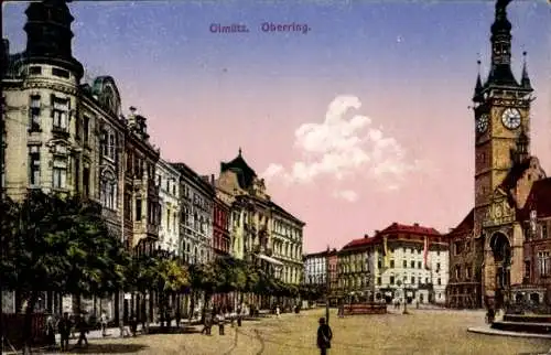 Ak Olomouc Olmütz Stadt, Oberring, Stadtansicht mit Uhrturm und Häusern