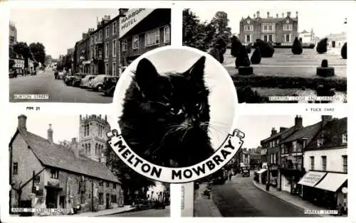 Ak Melton East Midlands England, Verschiedene Ansichten von  schwarzer Kater, historische Gebäude