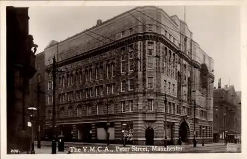 Ak Manchester England, Y.M.C.A. Gebäude, Peter Street, historische Architektur, schwarz-weiß