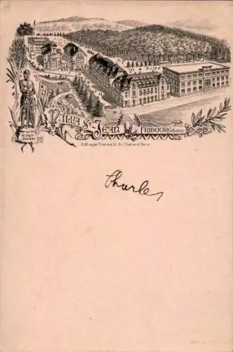 Ak Fribourg Freiburg Stadt Schweiz, Illustration von  Gebäude, Natur, Person in historischer K...