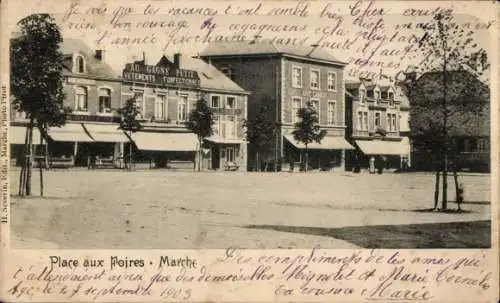 Ak Aye Wallonien Luxemburg, Platz aux Poires, Gebäude im Hintergrund, Poststempel, Jahreszahl