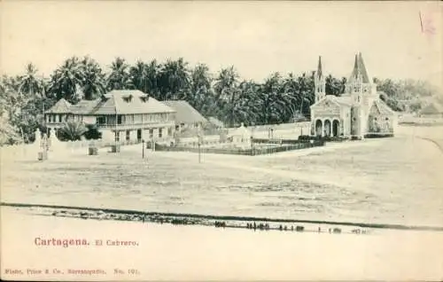 Ak Cartagena Kolumbien, El Cabrero, Gebäude, Kirche, Palmen, historische Ansicht
