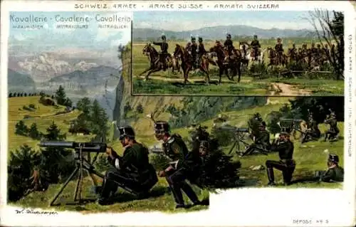 Künstler Litho Schweizer Armee, Kavallerie, Soldaten, Geschütze