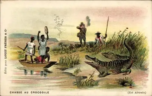 Ak Afrika, Jagd, Jagdszene, Jäger schießt auf Krokodil, Werbung, Chocolat Louit