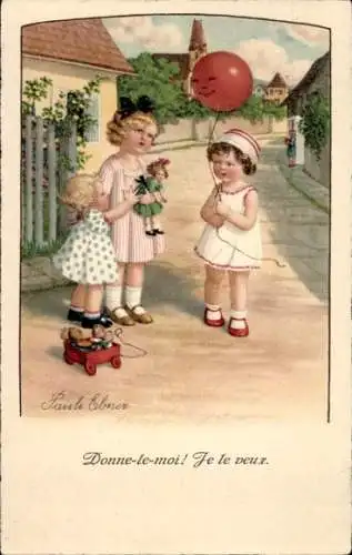 Künstler Ak Ebner, P., Drei Mädchen, Treffen, Ballon, Puppe, Spielzeuge