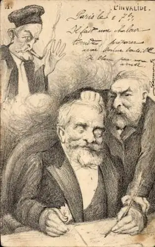 Ak Präsident von Frankreich Émile Loubet unterschreibt ein Dokument, Karikatur