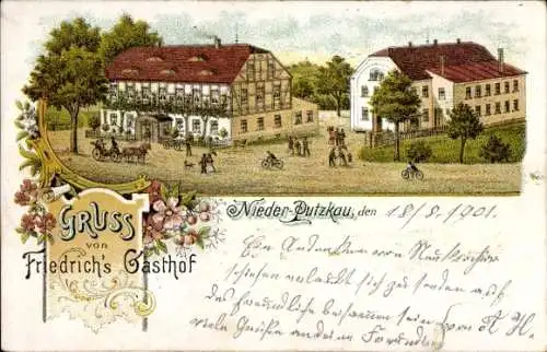 Litho Niederputzkau Putzkau in der Oberlausitz, Friedrichs Gasthof