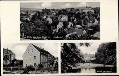 Ak Oberlichtenau Pulsnitz in Sachsen, Landschaftsansicht, Häuser, Schule, Schlosspark, historische A