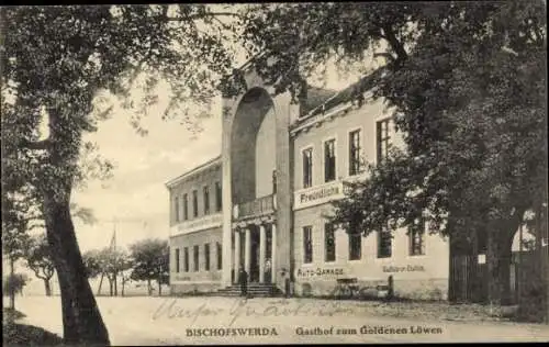 Ak Goldbach Bischofswerda im Kreis Bautzen, Gasthof zum Goldenen Löwen, Auto-Garage, Freundliche