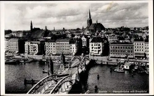 Ak Szczecin Stettin Pommern, Hansabrücke mit Stadtbild, Kirche