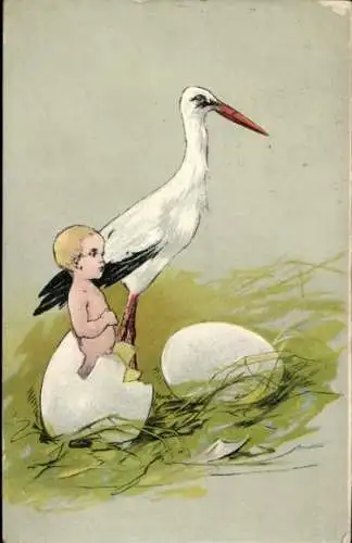Ak Eier, Storch, Baby, Geburt